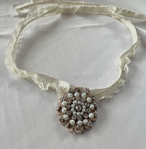 Ivory ribbon w/lace choker necklace flower w/ pearls & rhinestones RENTAL