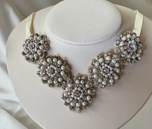 Load image into Gallery viewer, Ivory ribbon w/lace choker 5 flower encrusted w/ pearls &amp; rhinestones necklace RENTAL
