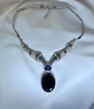 Load image into Gallery viewer, Stunning silver w/rhinestone clusters Greek key w/large blue stone RENTAL
