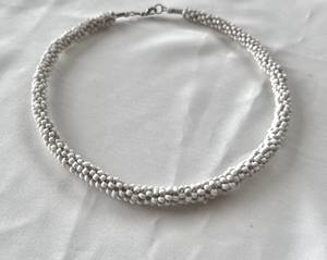 Camera white glass beads on woven stiff choker, 3/4" RENTAL