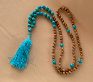 Turquoise blue stone wood tassel necklace, Prayer RENTAL