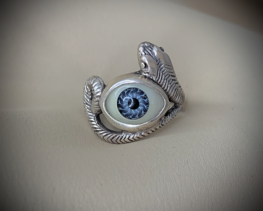 Protective Evil Eye on Serpent 925 Silver Ring RENTAL