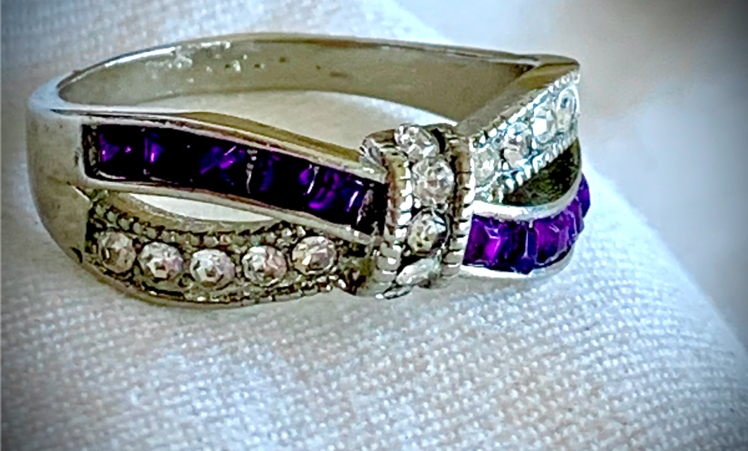 Stunning purple & white rhineston cross band ring RENTAL