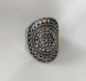 Mayan Inspired Silver Round Design Dinner Ring RENTAL