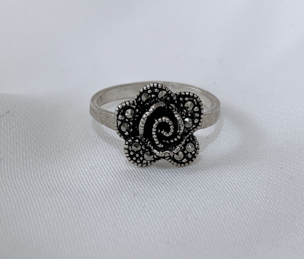 Delicate Black Marcasite Encrusted Rose on Silver Ring RENTAL