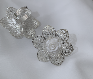 Delicate 6 Petal Silver Filagree Flower w/White Rose in Centre RENTAL