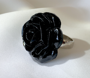 Oversized Black Rose Ring on Silver Band RENTAL