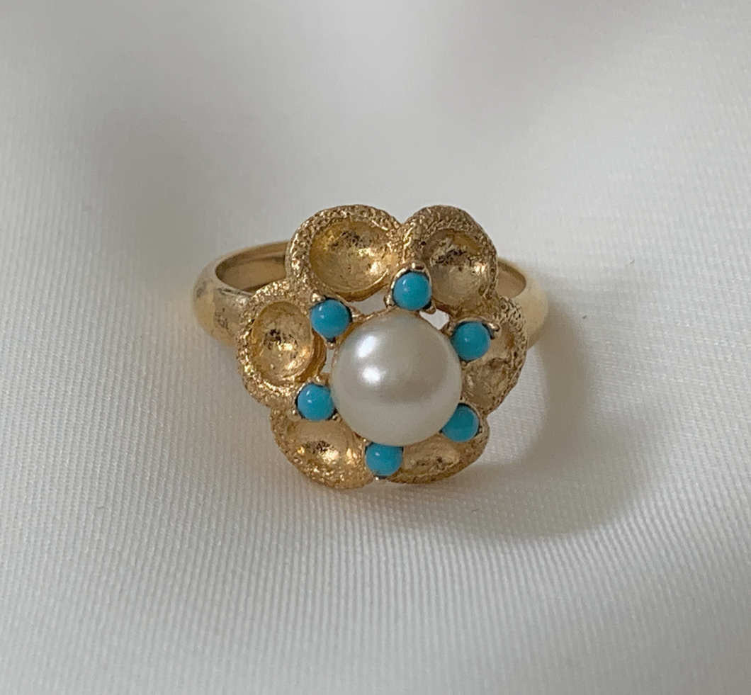 Gold, Turqoise, Pearl Flower Ring RENTAL