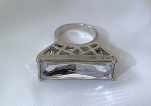 Modern Rectangular Clear Stone on Large Silver Setting Ring RENTAL