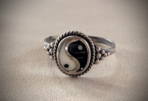 Large oval Yin Yang, black/white, silver ring w/circles RENTAL