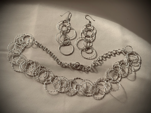 Sterling silver set necklace & earrings linked textured circles RENTAL