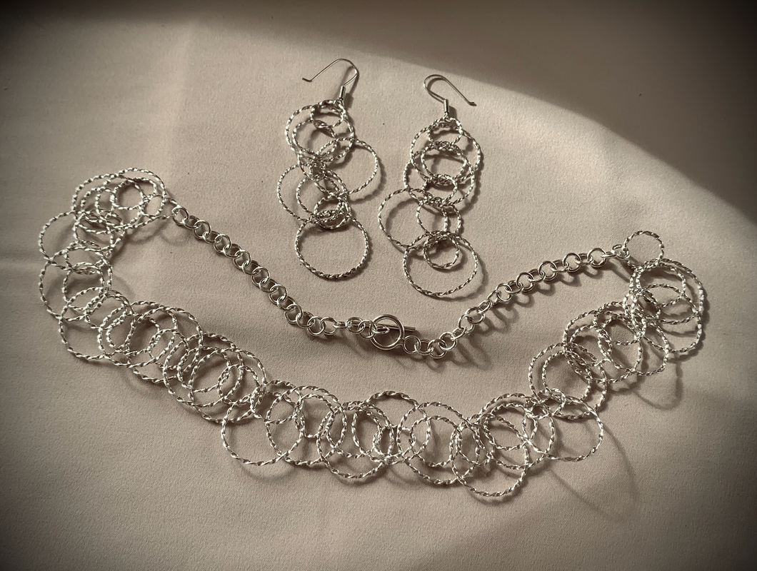 Sterling silver set necklace & earrings linked textured circles RENTAL