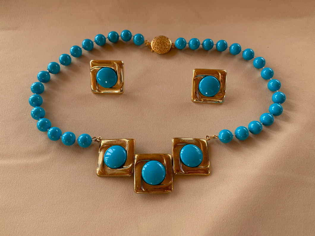 Vintage loose choker necklace earring set Blue squares gold RENTAL