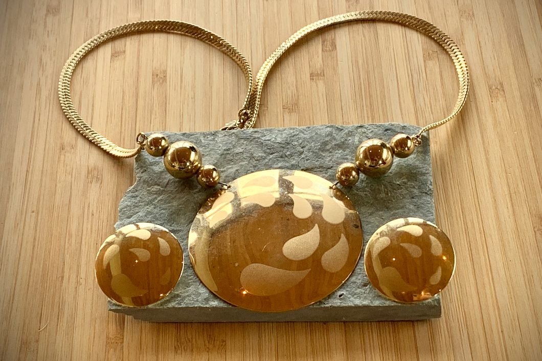 Vintage earring necklace set in bright domed gold ovals RENTAL