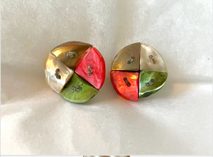 Shell round with pink, green, purple & ocre clip on earrings RENTAL