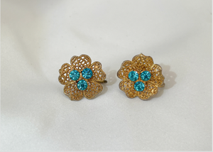 Vintage screw back 5 petal fillagre flower blue rhinestones RENTAL